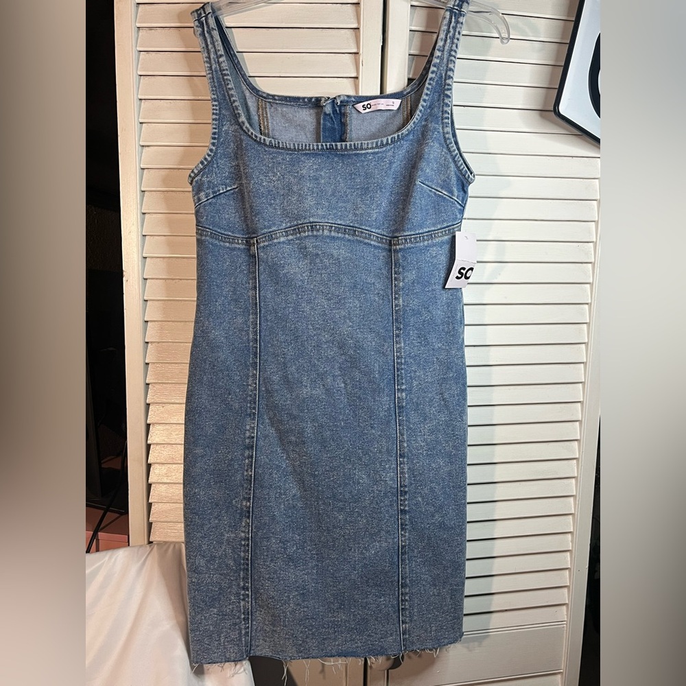 NEW SO Denim raw hem jumper mini dress